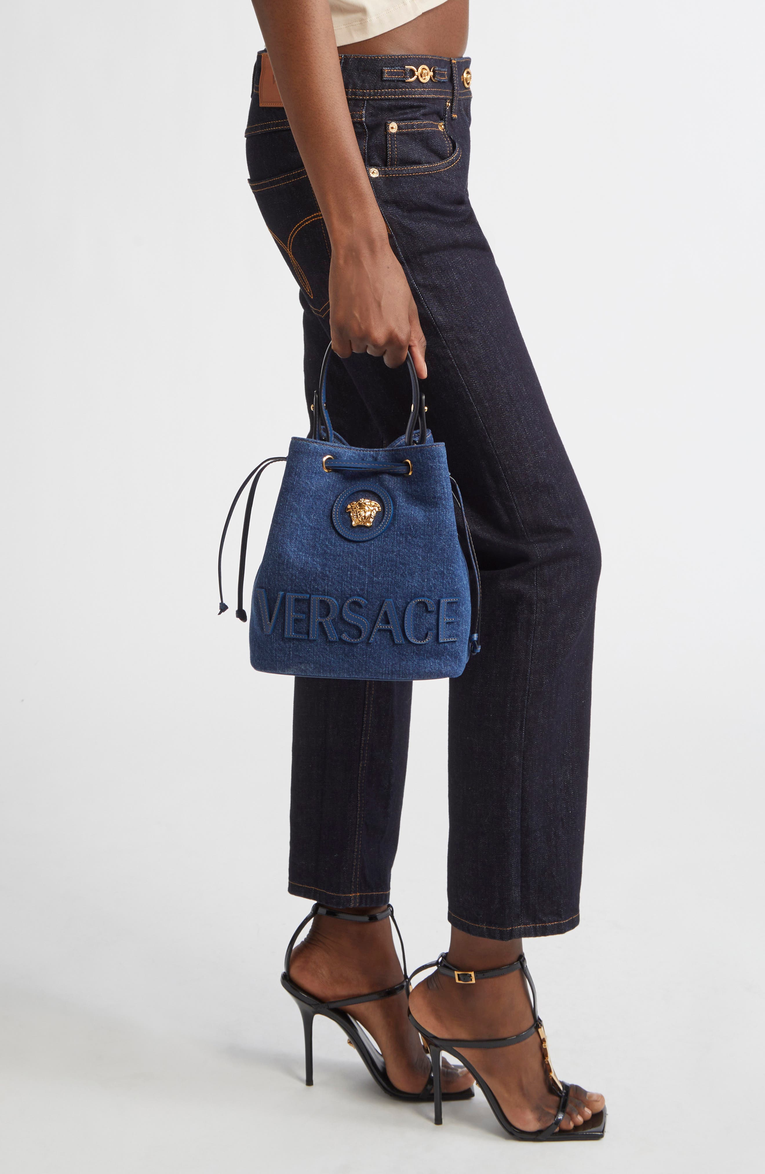 Versace La Medusa Denim Bucket Bag, Alternate, color, 