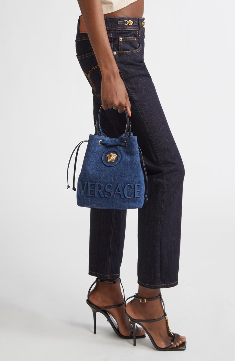 Versace La Medusa Denim Bucket Bag, Alternate, color,