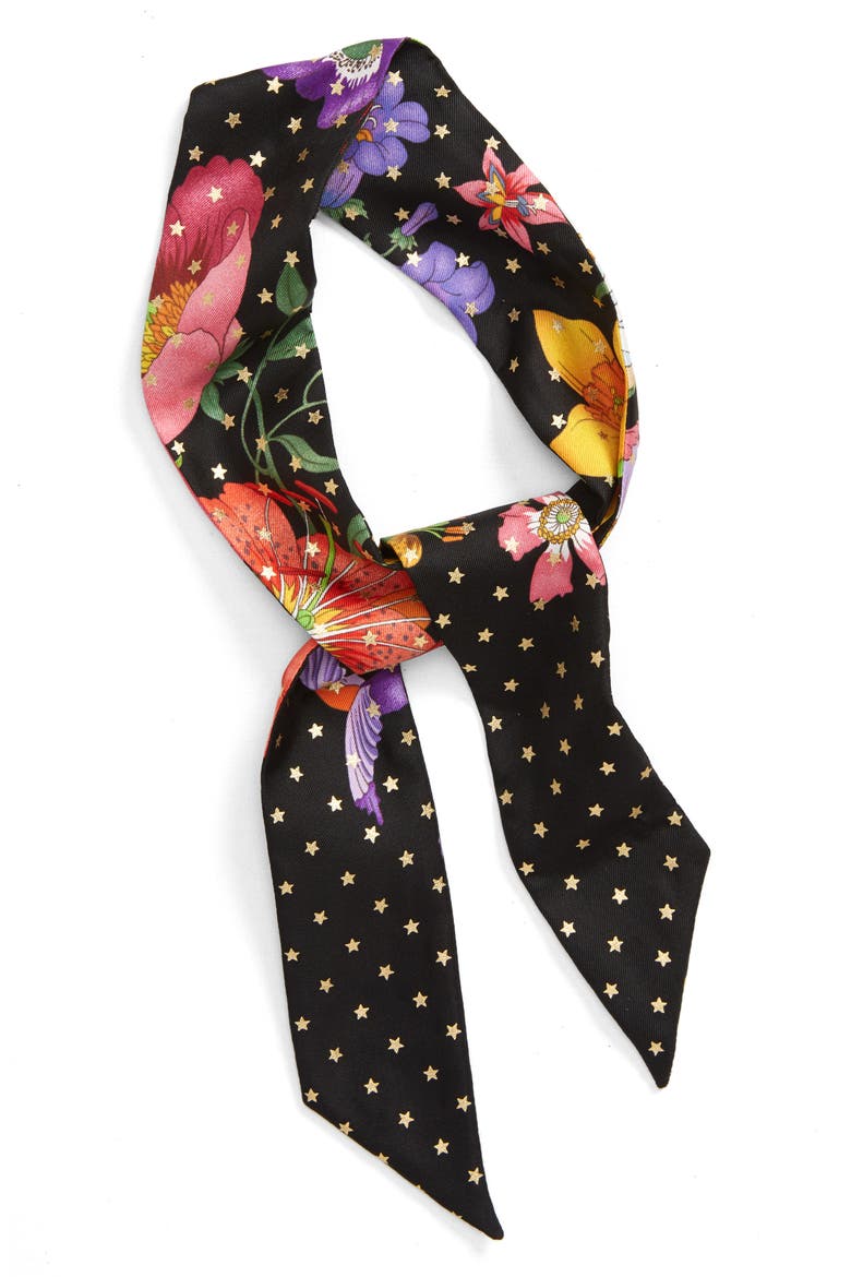 Goldy Floral & Star Print Silk Skinny Scarf, Alternate, color, BLACK