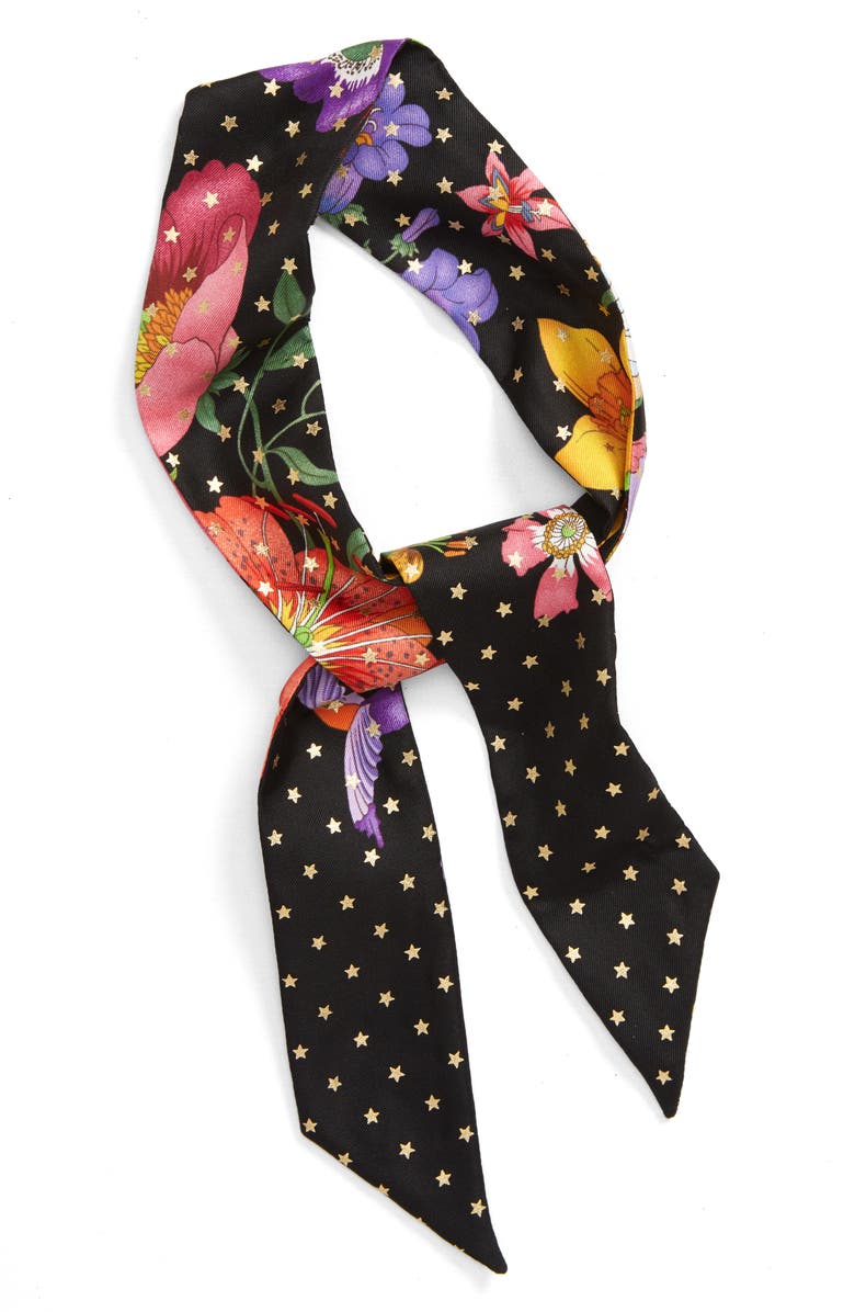 Gucci Goldy Floral & Star Print Silk Skinny Scarf, Alternate, color,