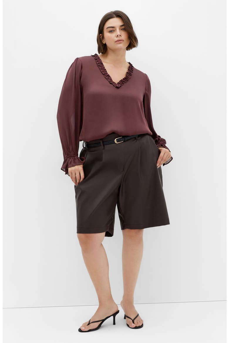 Maia Ruffle Fluted Sleeve Satin Top, Alternate, color, SPICED PLUM