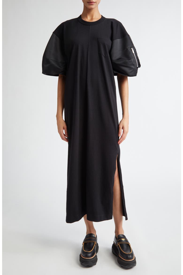 Mixed Media T-Shirt Maxi Dress, Main, color, BLACK