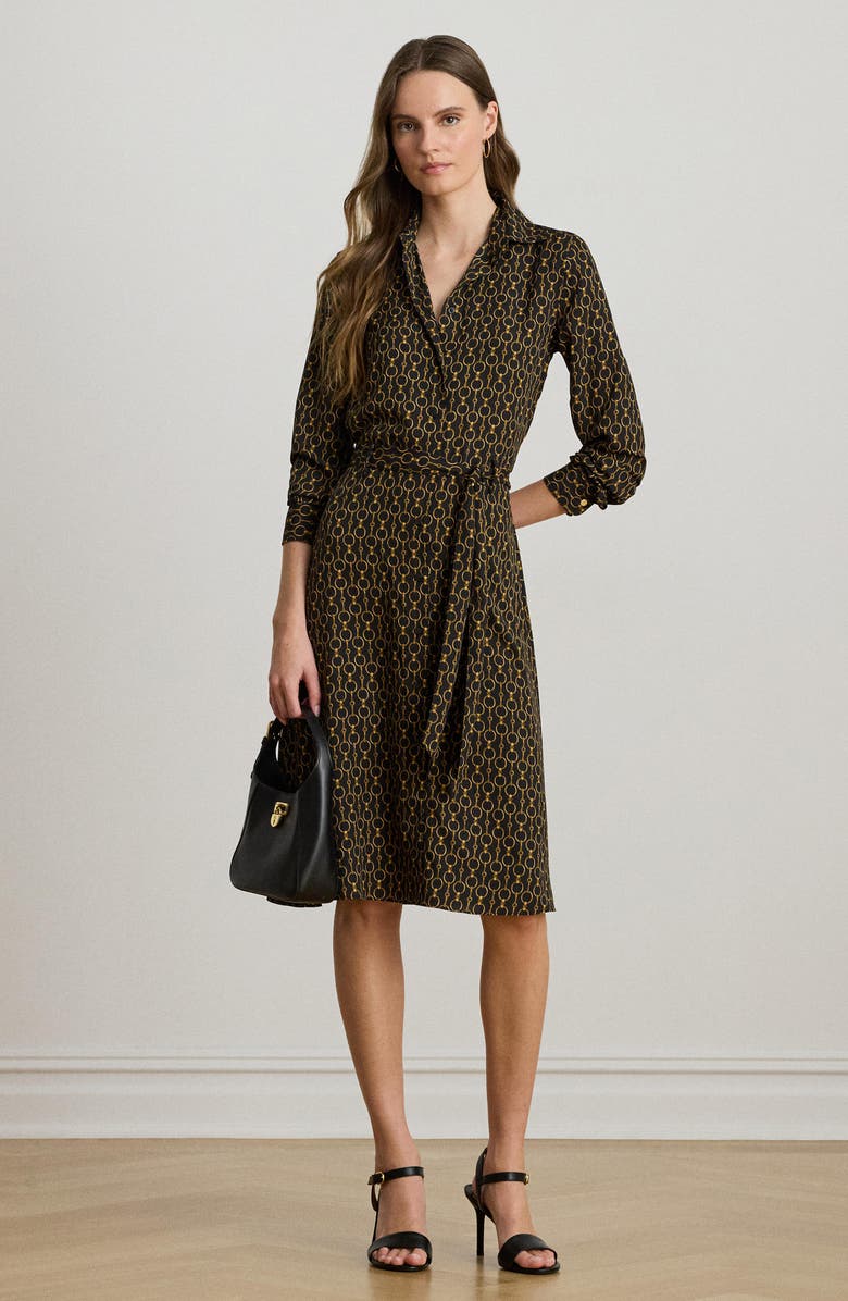 Lauren Ralph Lauren Chain Print Tie Waist Long Sleeve Crepe Shirtdress, Alternate, color, Black Multi