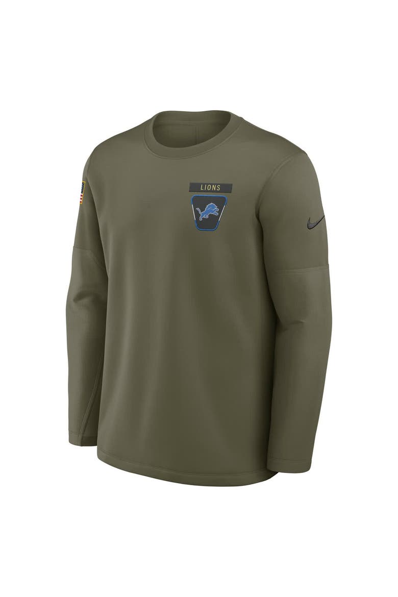 Men's Nike Olive Detroit Lions 2025 Salute to Service Sideline Coaches Therma-FIT Long Sleeve Shirt, Alternate, color, Olive