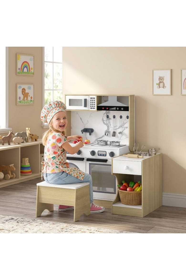 2-in-1 Kids Play Kitchen Set with Table and Chair, Sink, Oven, Cookware, Ages 3-8, Alternate, color, Natural wood finish