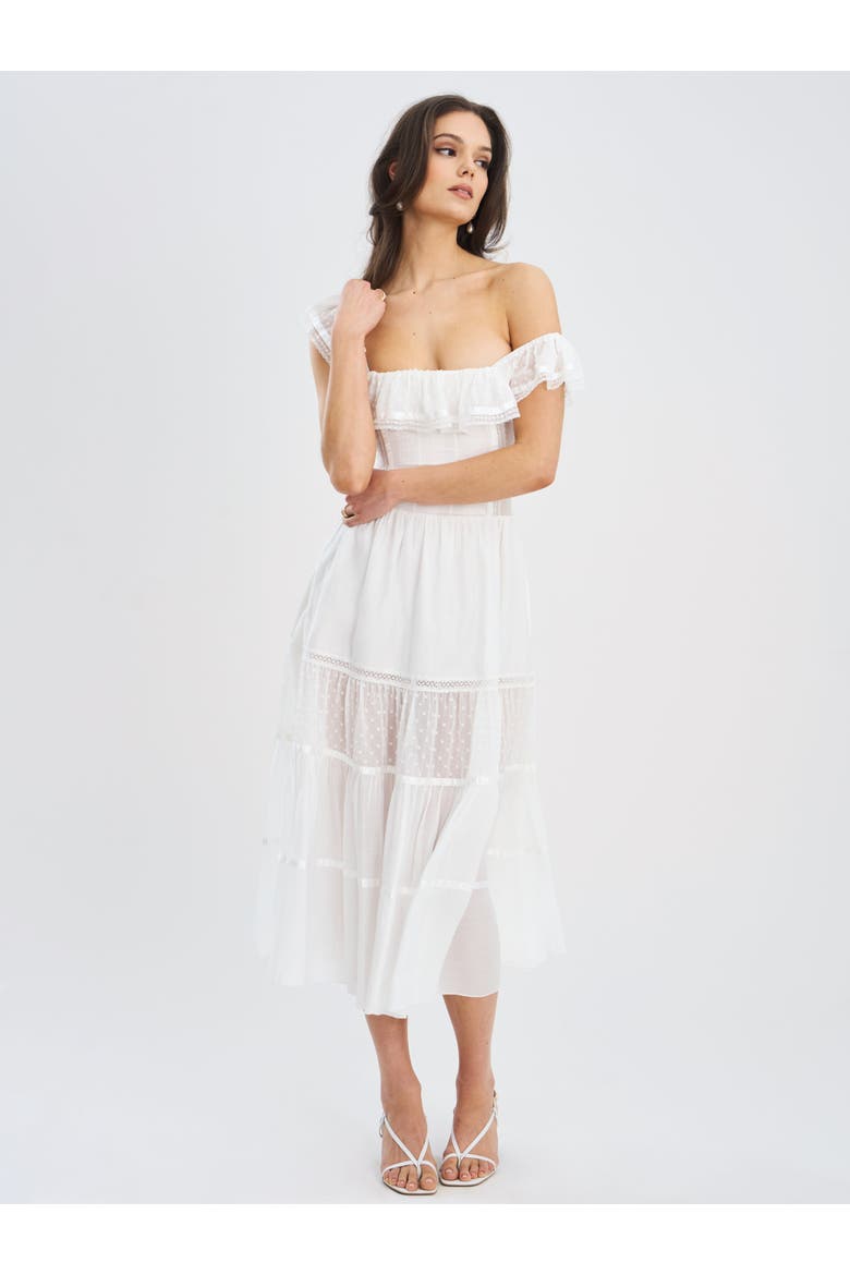 Eden Square Neck Ruffle Trim High Waist Midi Dress, Alternate, color, White