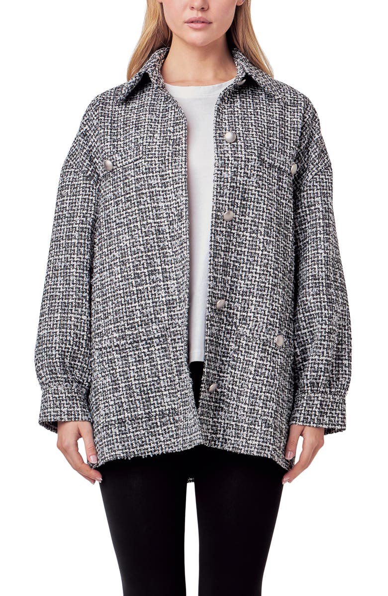 English Factory Tweed Button-Up Shirt Jacket, Alternate, color, Black/ White