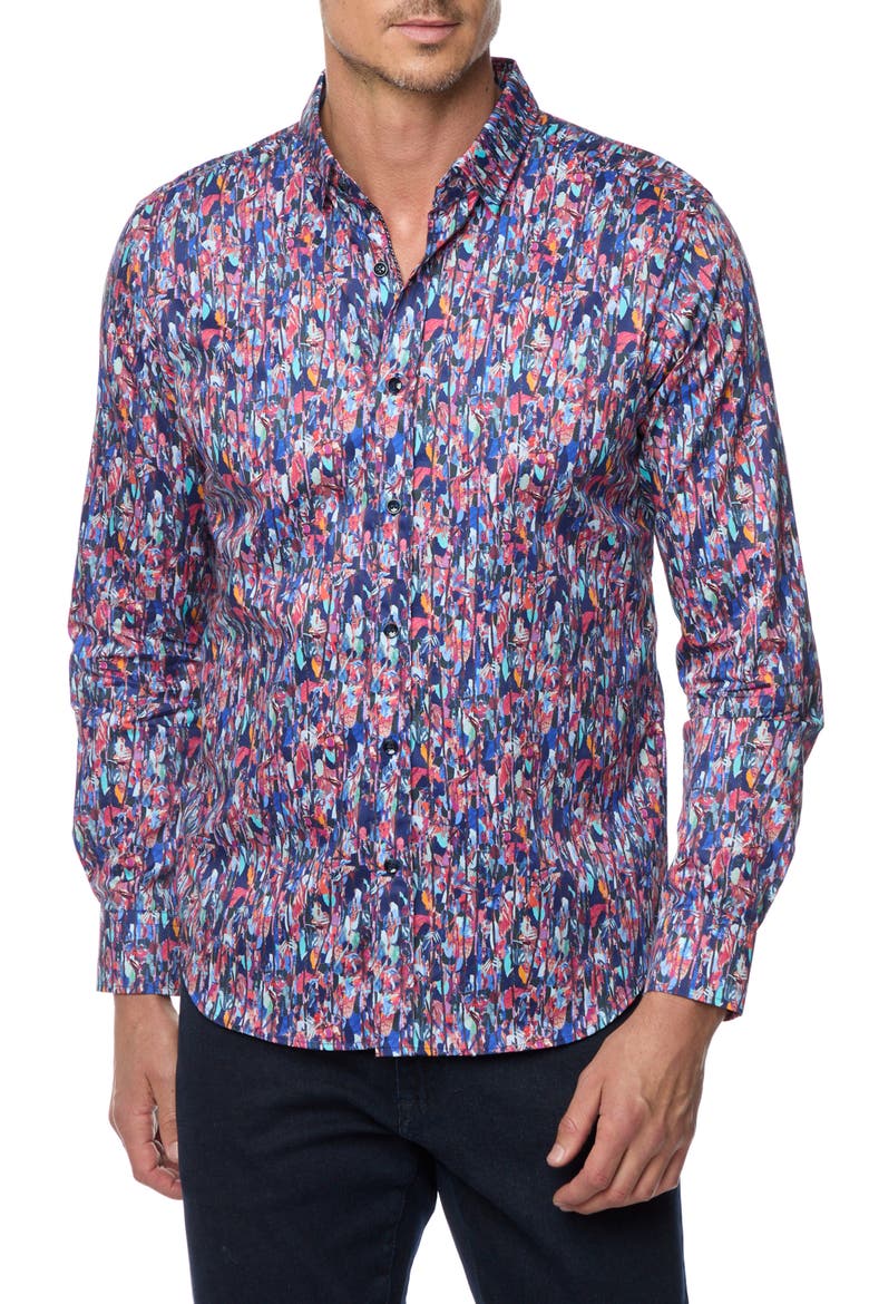 Brighton Tailored Fit Leaf Print Cotton Button-Up Shirt, Main, color, BLUE MULTI