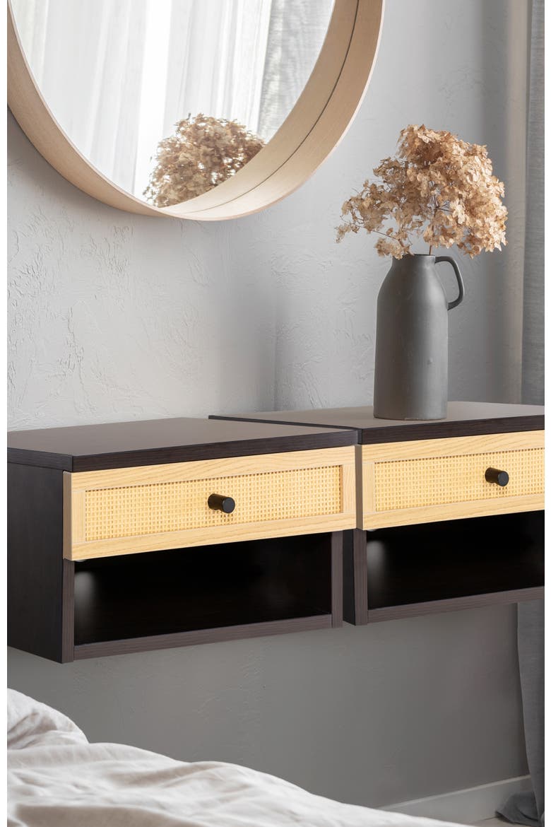 Celerie Bohemian Wall Mounted Floating Nightstand, Bedside Table with Woven Storage Drawer Open Cubby, Alternate, color, Black/Light Oak