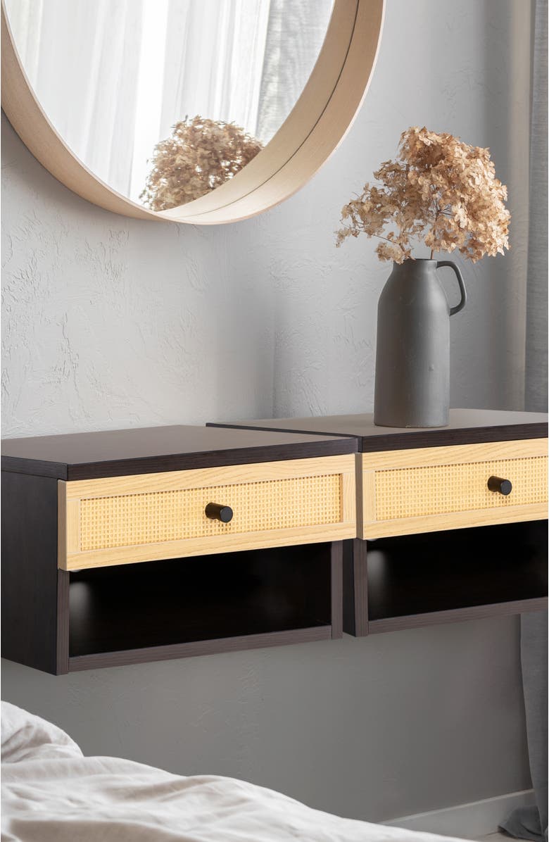 JONATHAN Y Celerie Bohemian Wall Mounted Floating Nightstand, Bedside Table with Woven Storage Drawer Open Cubby, Alternate, color, Black/Light Oak