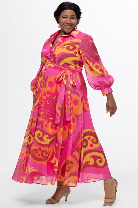 Long Sleeve Abstract Button Down Plus Size Dress