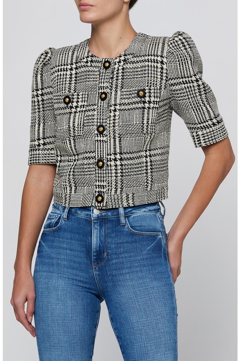 Allegra Glen Plaid Short Sleeve Cropped Jacket, Main, color, BLACK/ WHITE GLEN PLAID