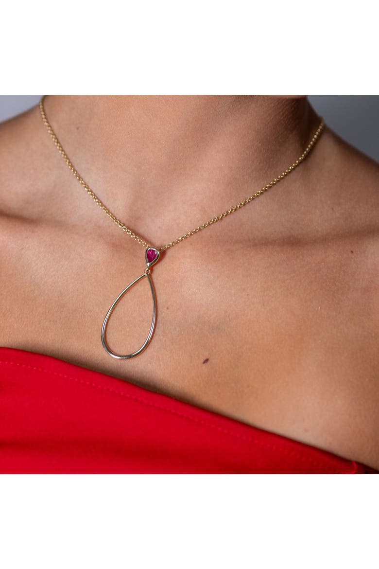 Long Petal Drop Necklace with Pear Cut Ruby, Alternate, color, Gold