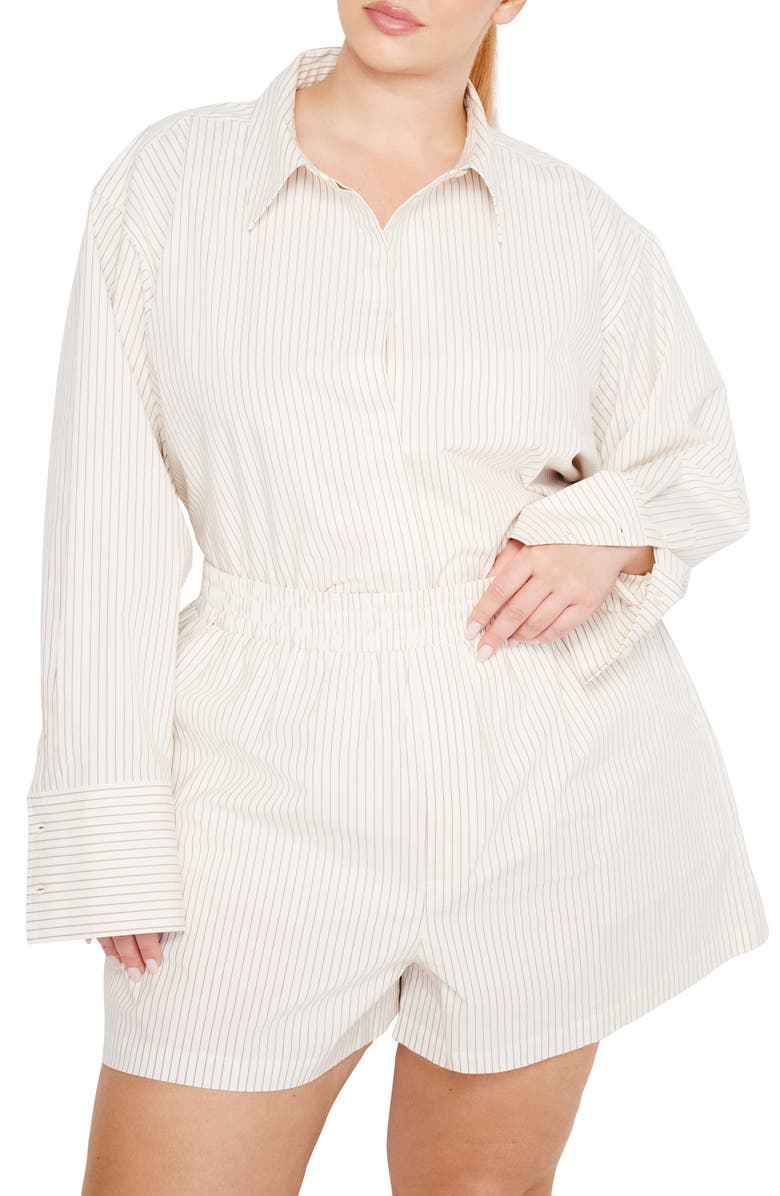 Good American Stripe Stretch Cotton Poplin Button-Up Shirt, Alternate, color, Putty Pencil Stripe003