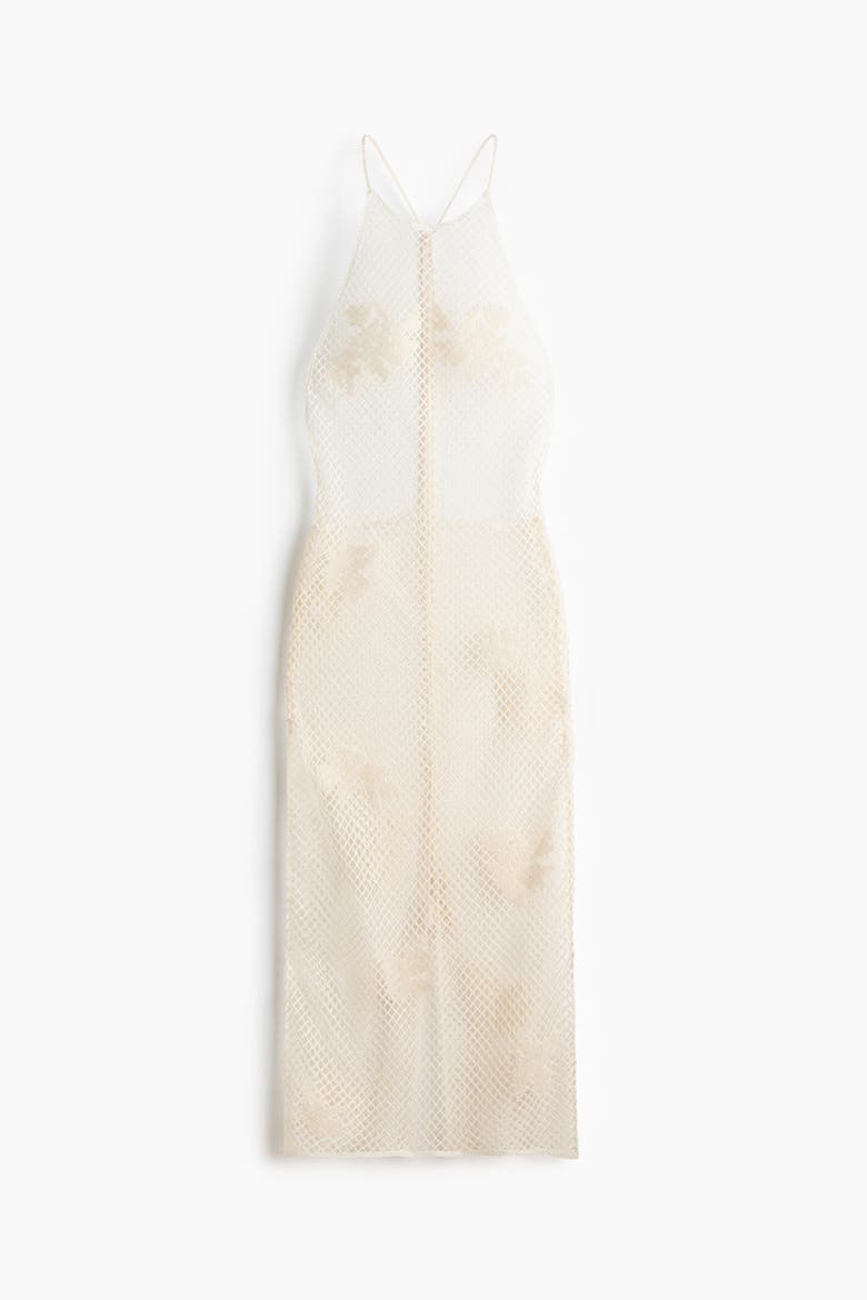 Beaded Crochet-look Halterneck Dress, Alternate, color, Cream