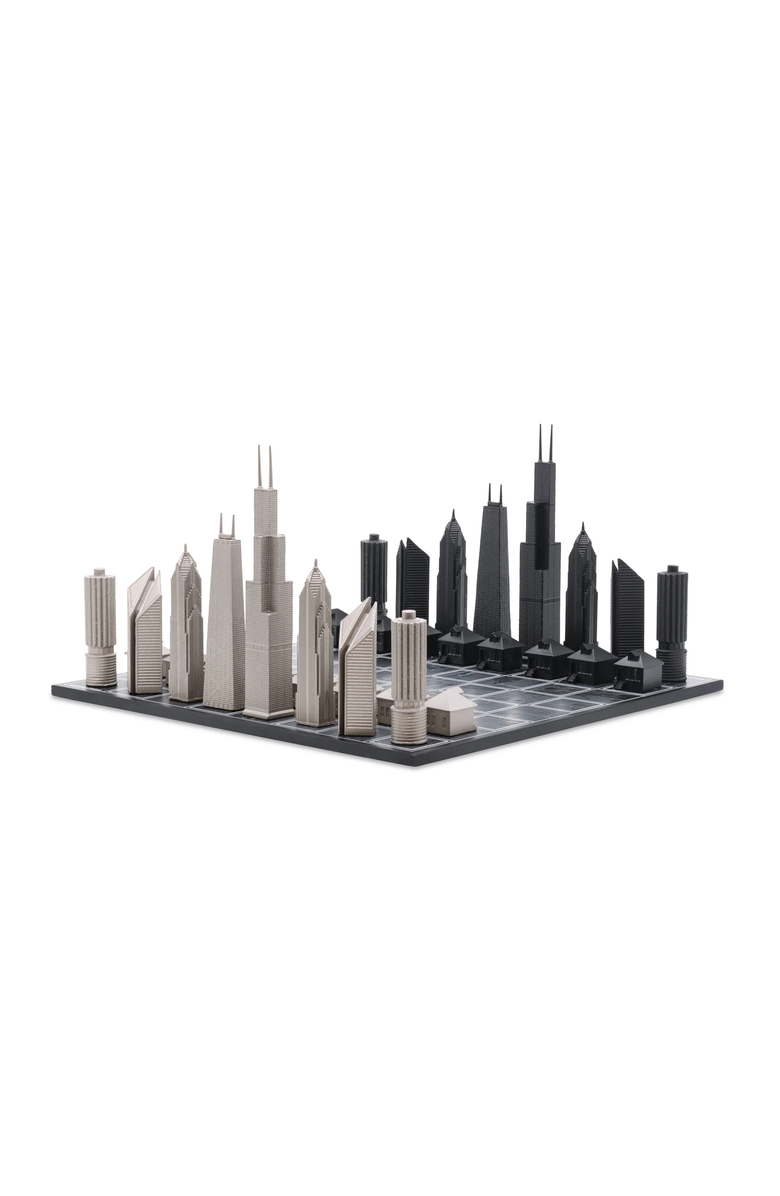 SKYLINE CHESS Chess Set Stainless Steel Chicago Edition with Wood Map Board, Main, color, Black