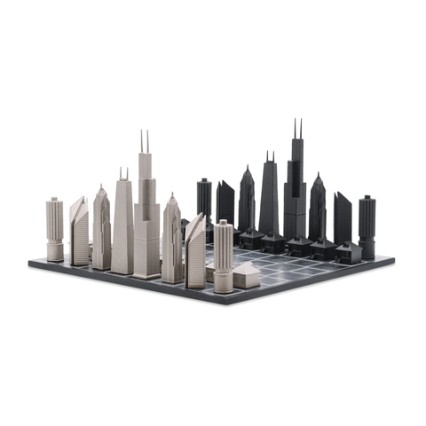 Chess Set Stainless Steel Chicago Edition with Wood Map Board