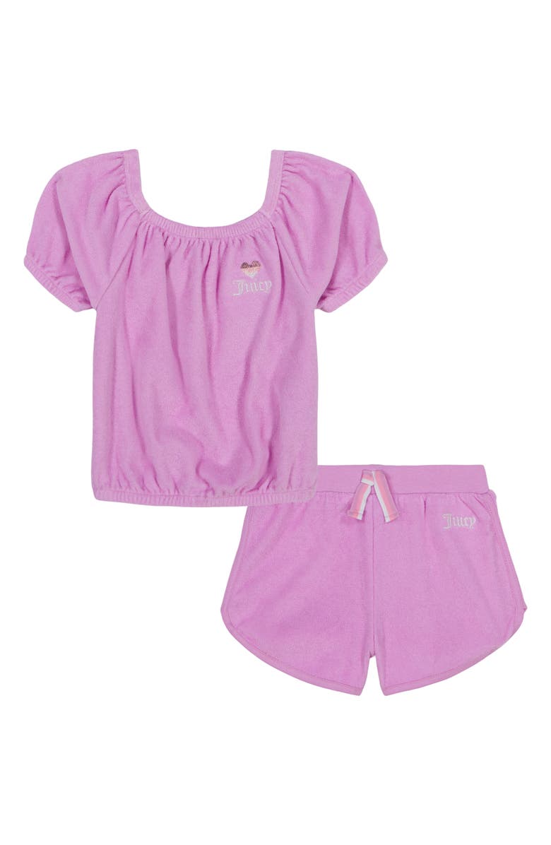 Juicy Couture Kids' Puff Sleeve Terry Top & Shorts Set, Main, color, Purple
