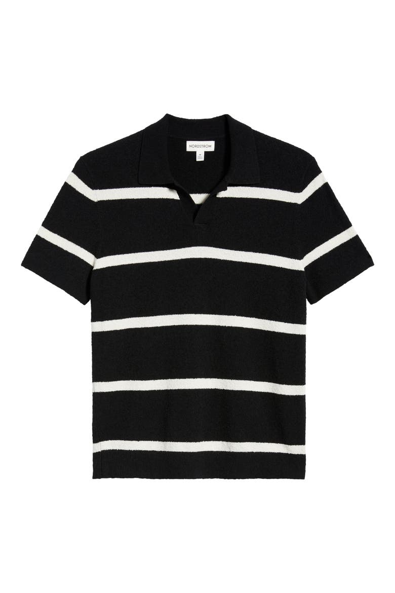 Johnny Collar Short Sleeve Bouclé Sweater Polo, Alternate, color, BLACK COOPER STRIPE