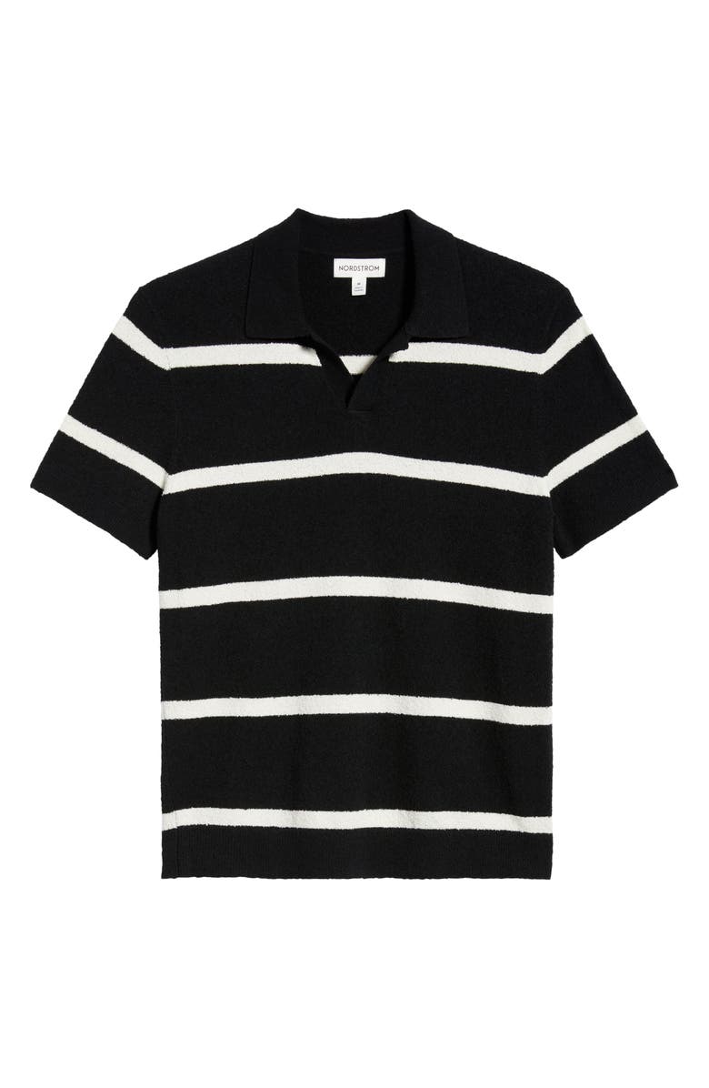 Nordstrom Johnny Collar Short Sleeve Bouclé Sweater Polo, Alternate, color, Black Cooper Stripe