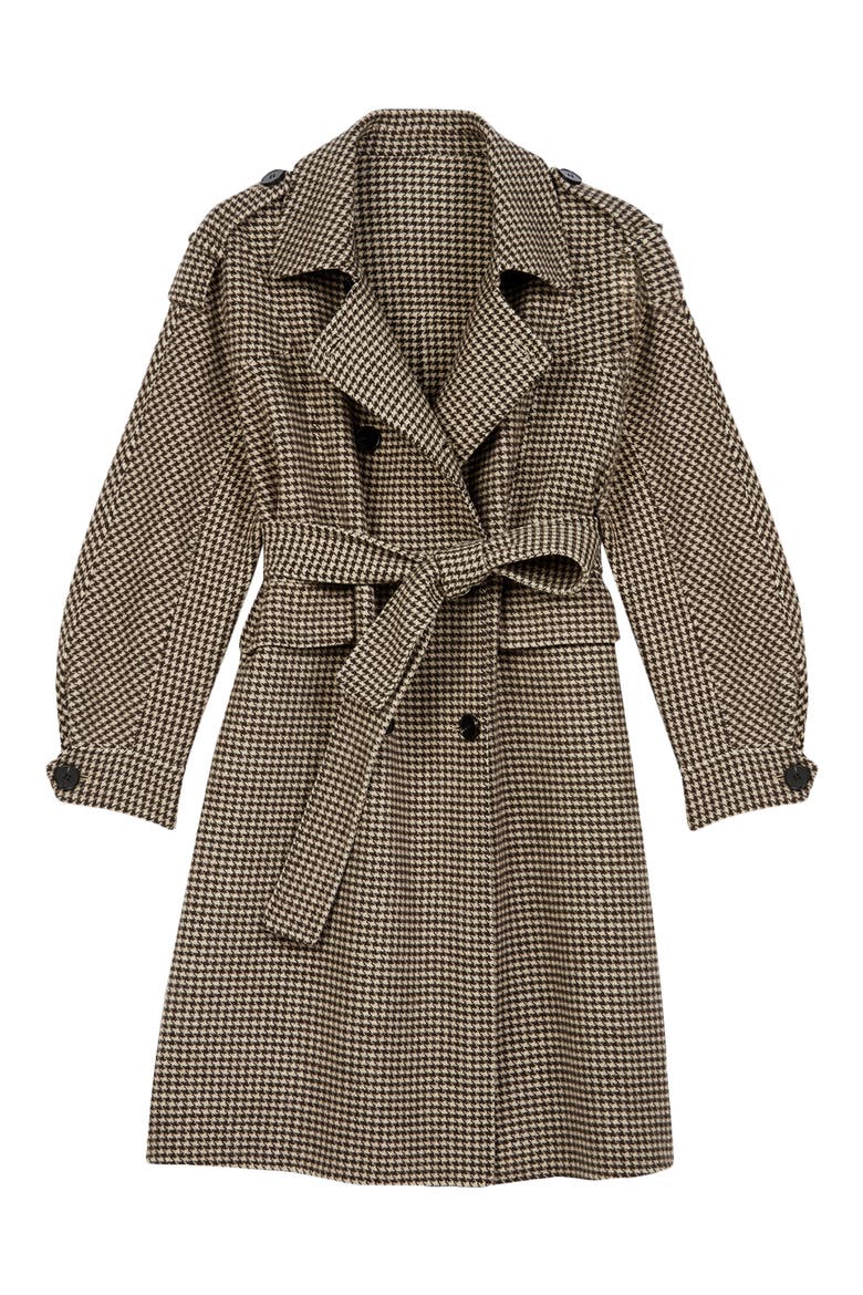 Houndstooth Check Belted Wool Blend Coat, Alternate, color, BROWN