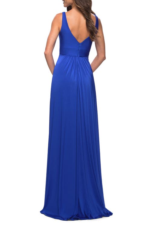 La Femme Empire Waist Gown With Deep V Neckline