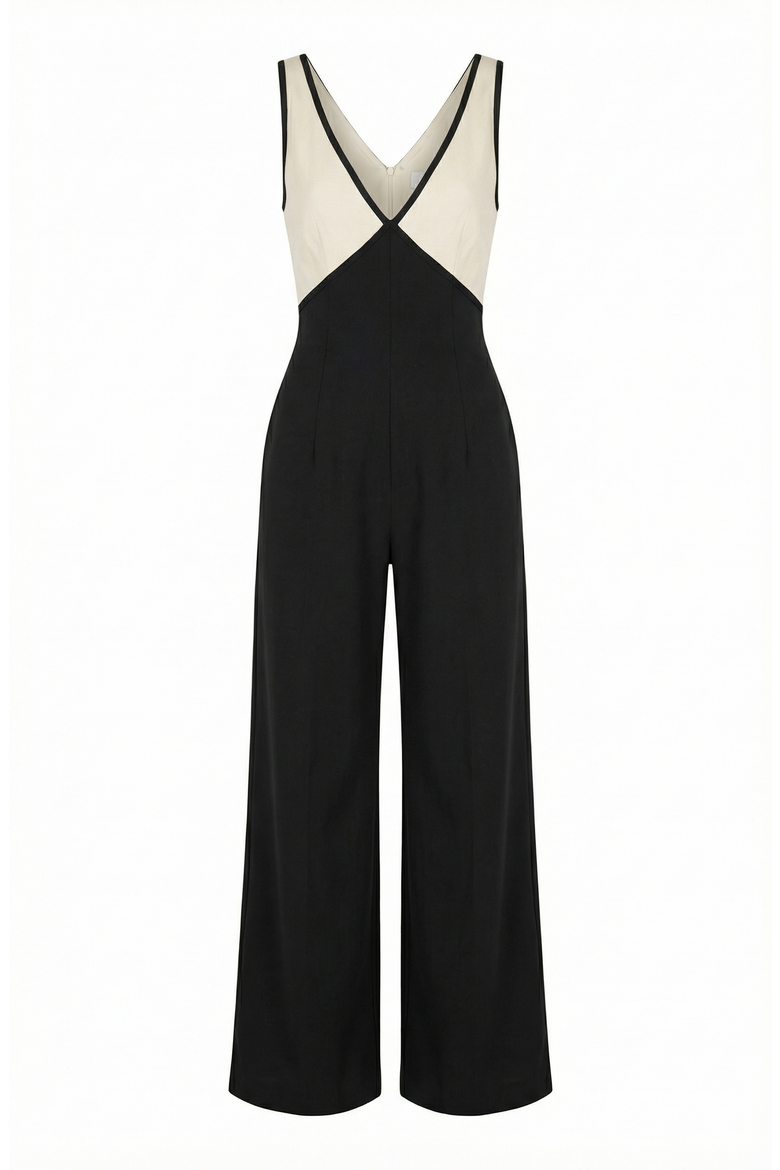 Two-Tone Wrap Bodice Jumpsuit, Alternate, color, Black / Cream
