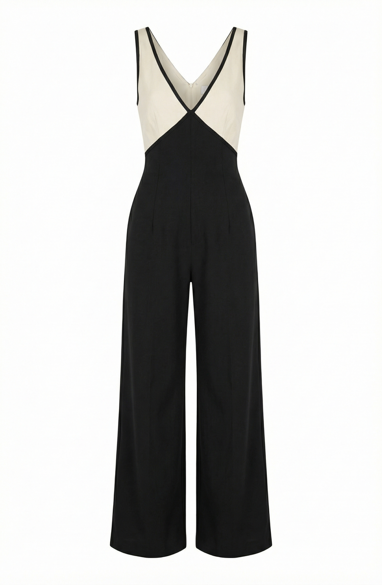 Modenaire Two-Tone Wrap Bodice Jumpsuit, Alternate, color, Black / Cream