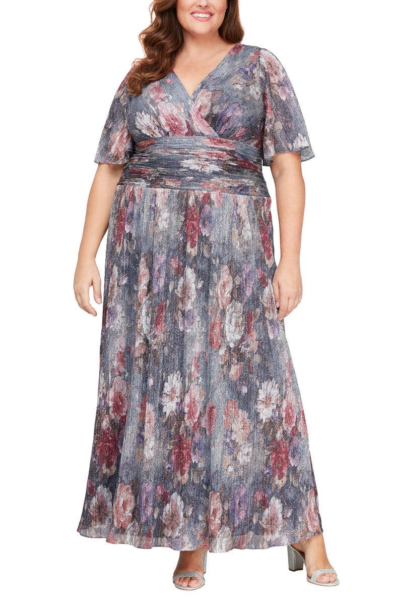 SL FASHIONS Metallic Floral A-Line Maxi Dress, Main, color, Blue/ Multi