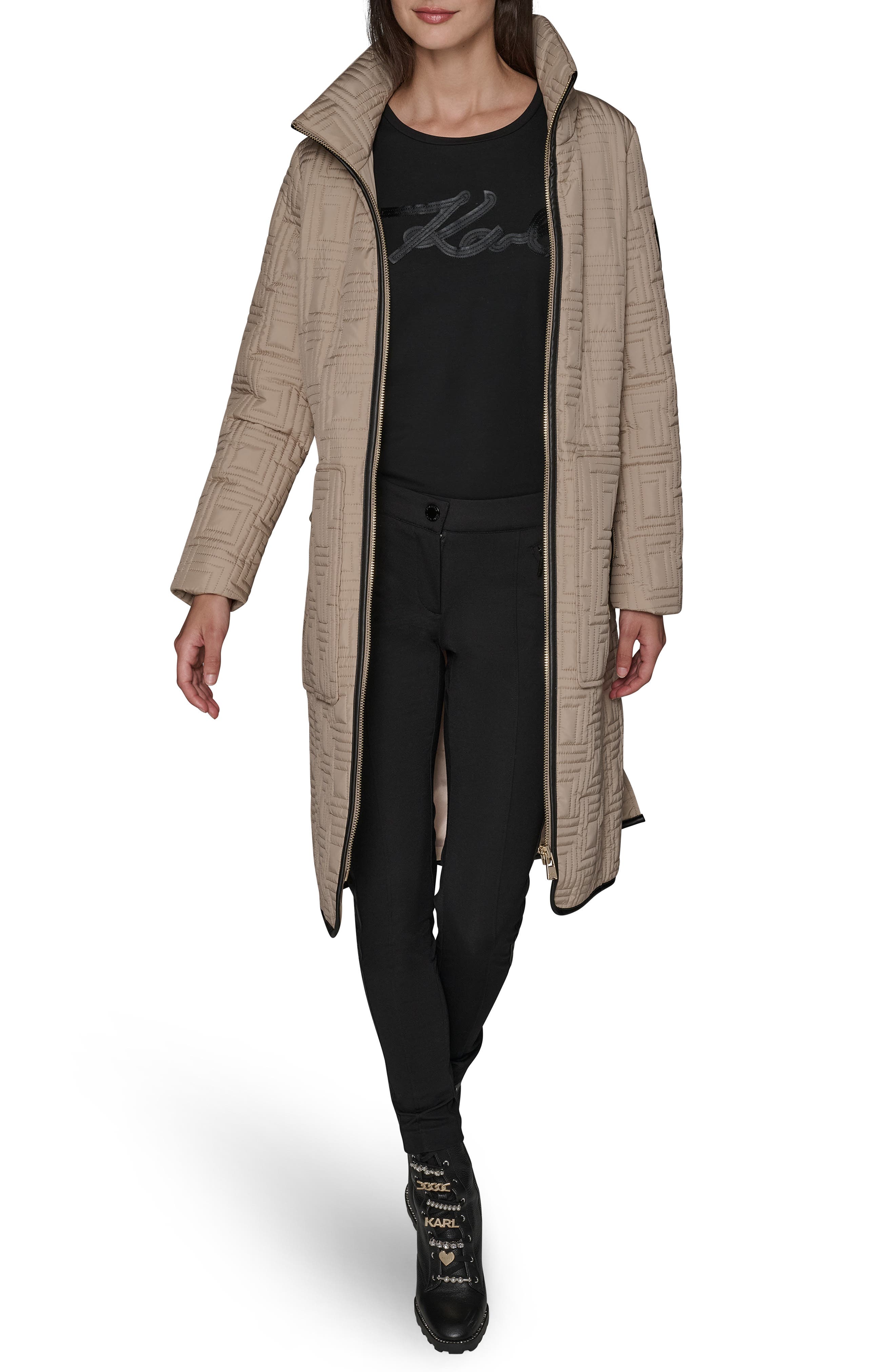 KARL LAGERFELD PARIS Hooded Belted Quilted Zip Jacket