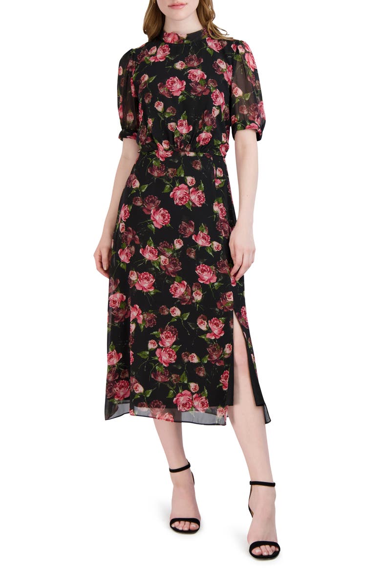 Julia Jordan Floral Print Puff Sleeve Midi Dress, Main, color, 
