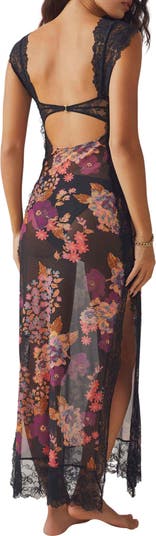 Suddenly Fine Floral Print Cutout Lace Trim Nightgown