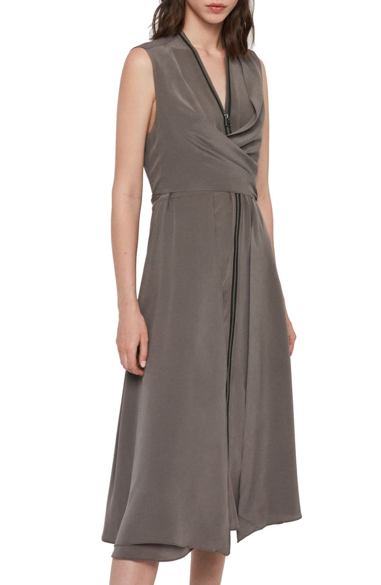 AllSaints Jayda Exposed Zip Sleeveless Silk Dress, Alternate, color,
