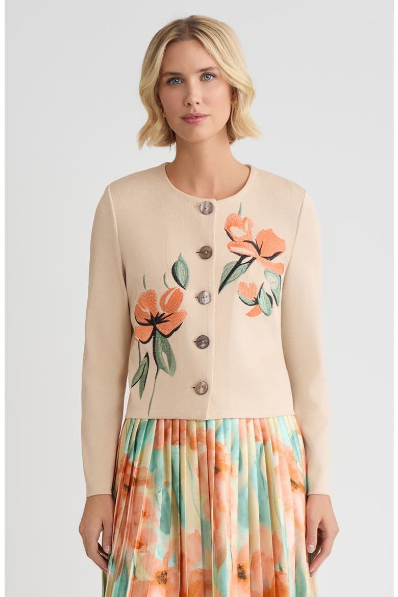 Heritage Floral Embroidered Flat Knit Cardigan, Alternate, color, Biscotti/Mystic Green