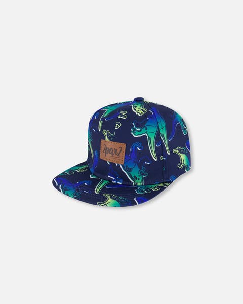 Boy's Printed Cap Blue And Green Dino On Navy