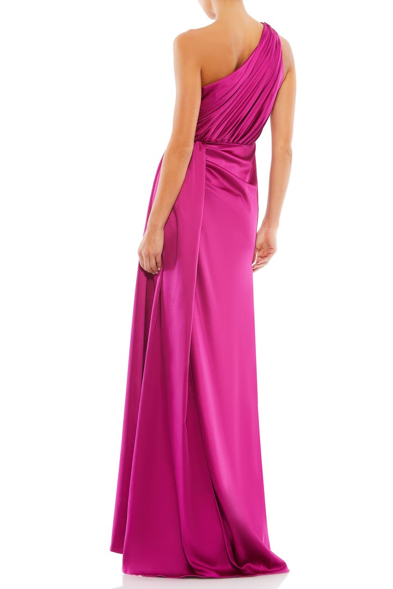 Gathered One Shoulder Satin Faux Wrap Gown, Alternate, color, BERRY