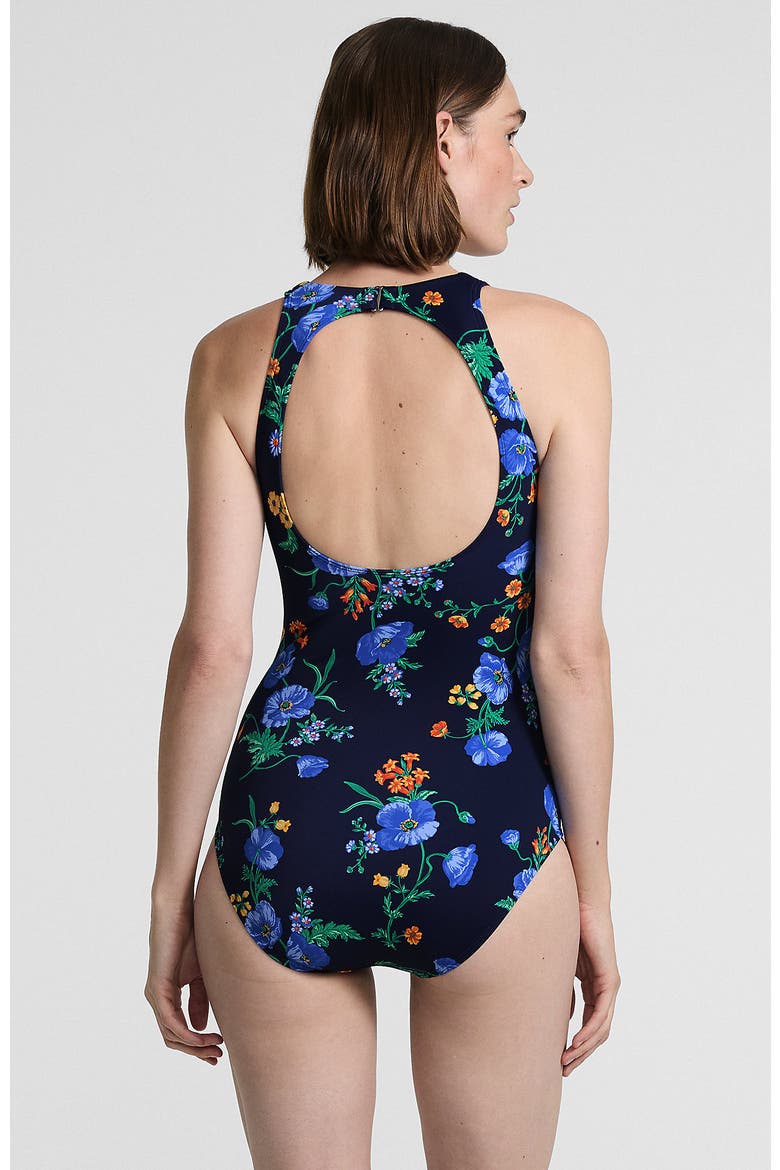 Long Tugless High Neck Portrait Back One Piece Swimsuit, Alternate, color, Navy/Tossed Poppy Floral