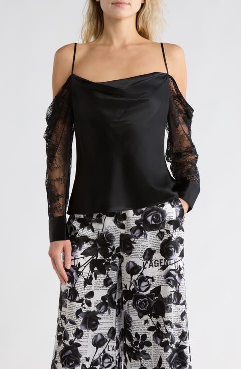 Zion Cold Shoulder Lace Panel Silk Top