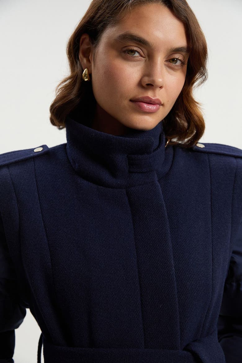 Wool High Neck Puffer Belted Midi Coat, Alternate, color, Navy