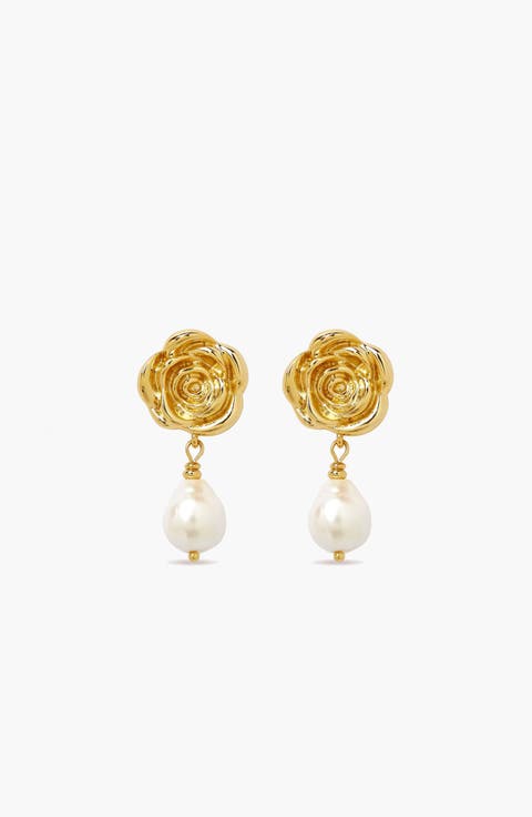 Rose Pearl Drop Earrings In Gold & Pearls