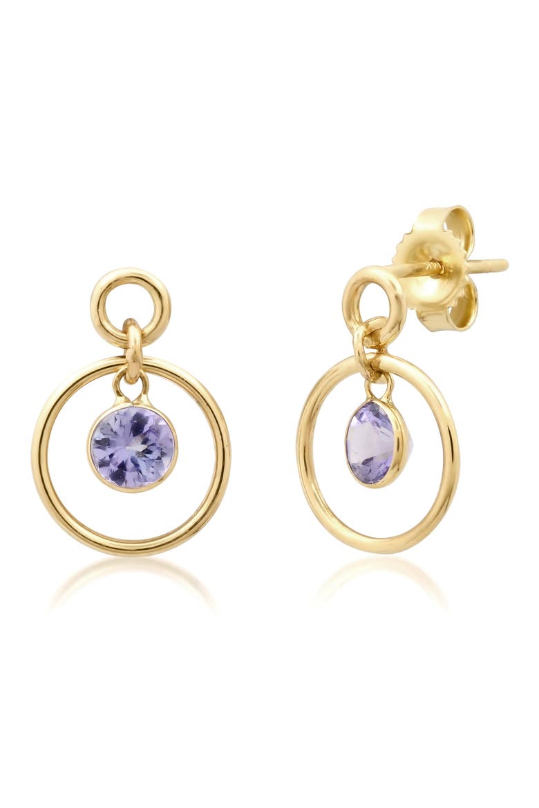 14K Double Circle Studs with Dangling Green Sapphire ROUND + TEARDROP Bezel, Main, color, Tanzanite