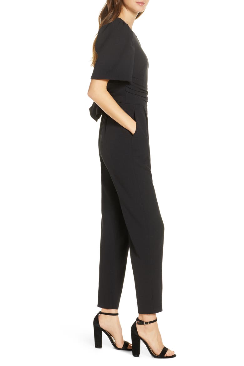 Waist Tie Balloon Sleeve Crepe Jumpsuit, Alternate, color, BLACK
