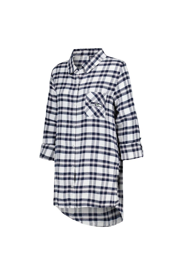 Women's Concepts Sport College Navy Seattle Seahawks Sienna Plaid Full-Button Long Sleeve Nightshirt, Alternate, color, Navy