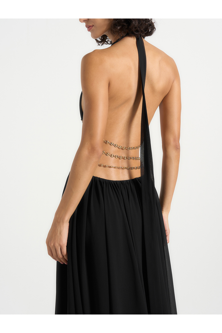 June Chain Belt Cut-Out Georgette Halter Maxi Dress, Alternate, color, Black