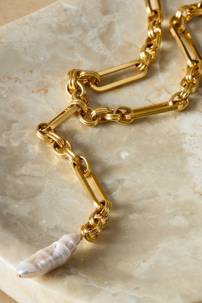 Allure Waterproof Gold Pearl Lariat Necklace, Alternate, color, Gold