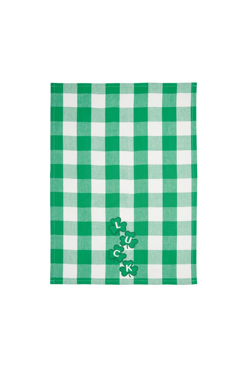 St. Patrick's Day Four Clover "Luck" Plaid Check Cotton Kitchen Dishtowel, Alternate, color, Green
