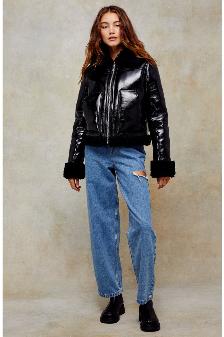 Faux Leather Biker Jacket with Faux Fur Trim, Alternate, color, BLACK