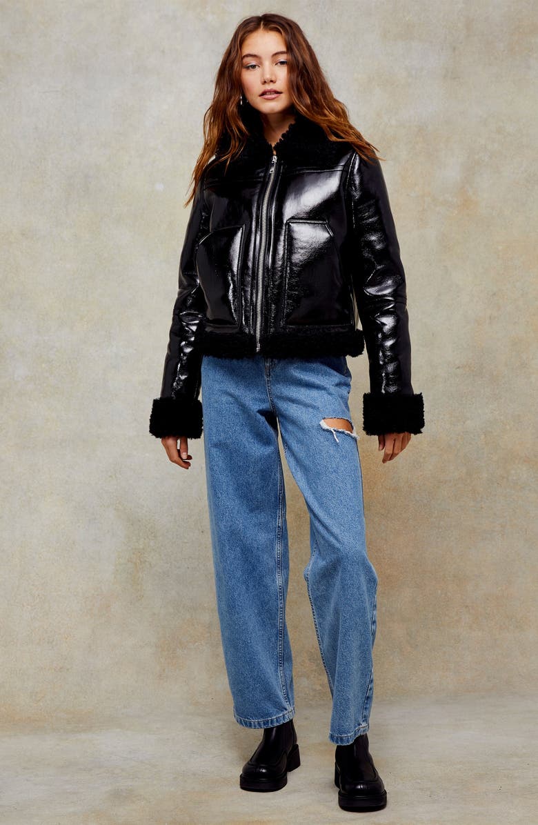 Topshop Faux Leather Biker Jacket with Faux Fur Trim, Alternate, color, 