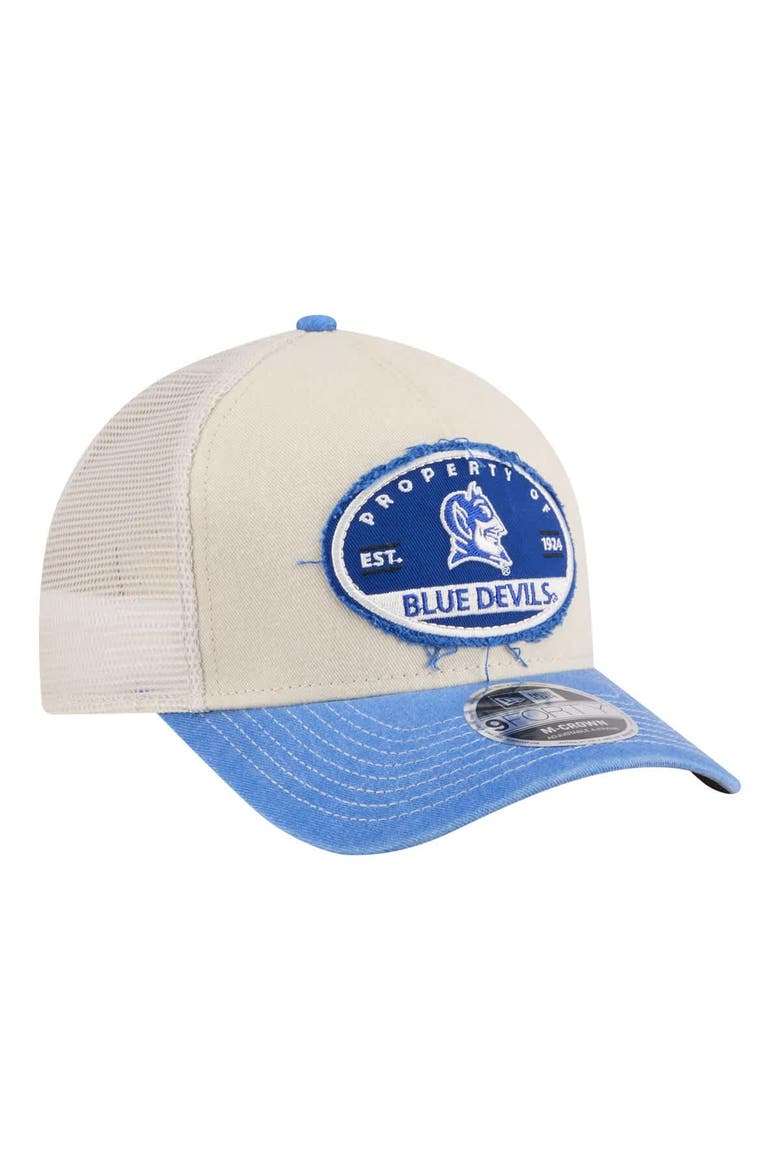 Men's New Era  Stone/Royal Duke Blue Devils Frayed Patch 9FORTY M-Crown A-Frame Trucker Adjustable Hat, Alternate, color, Stone