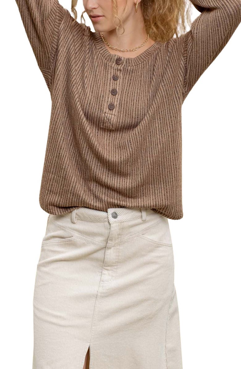 Blu Pepper Long Sleeve Half Button Top, Main, color, Brown